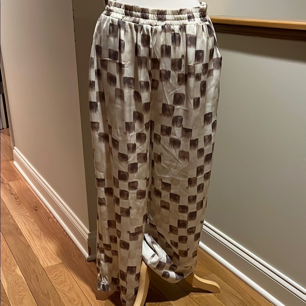 Cream and Brown Wide Leg Pants with Checkered Design